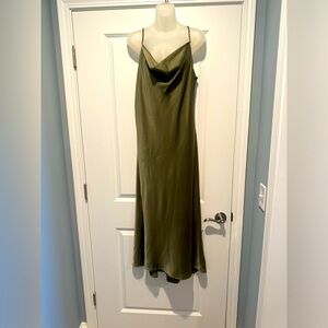 Olive colored satin long slip dress with side slit. Size Large.